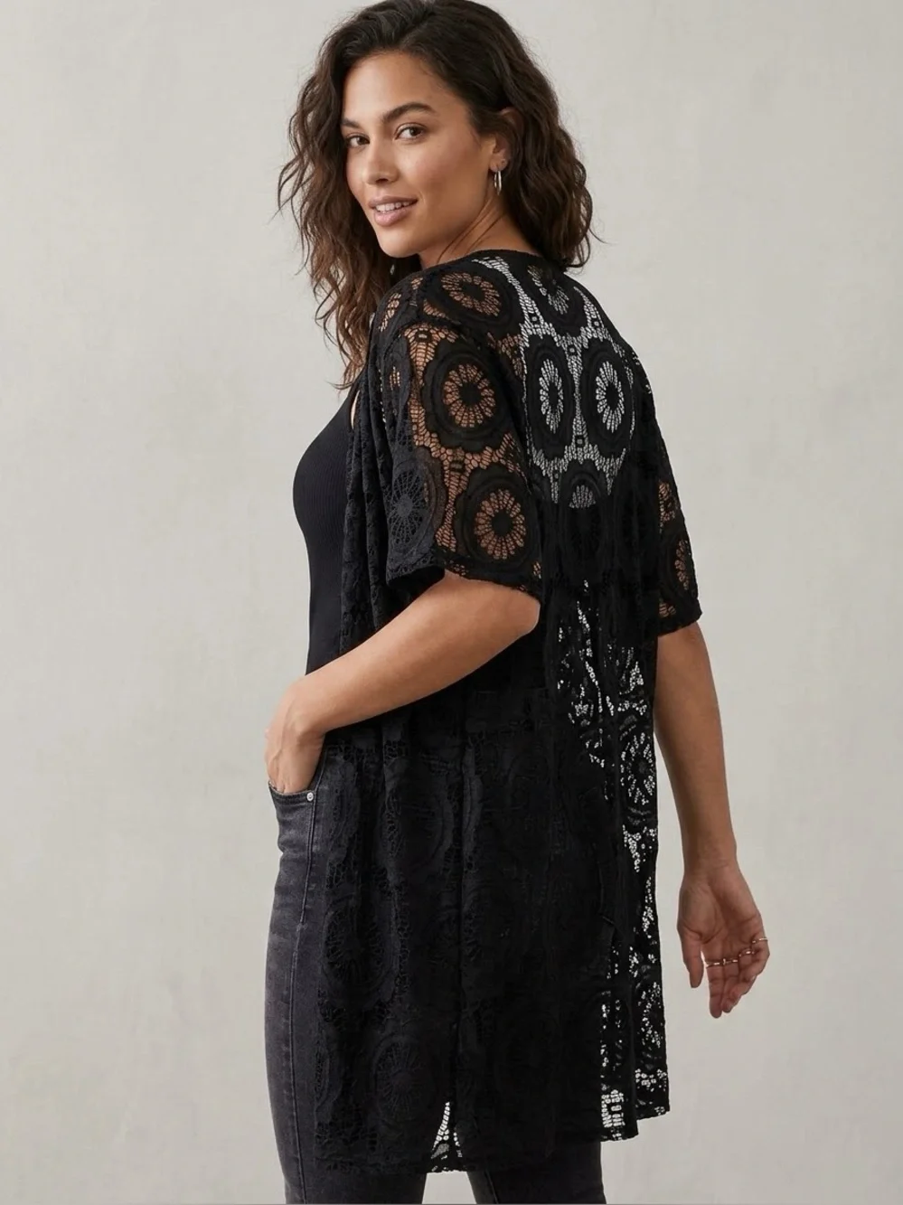 Honeyme Black Crochet Lace Kimono Swimsuit Cover-Up, Size XL extra large - Picture 2 of 9